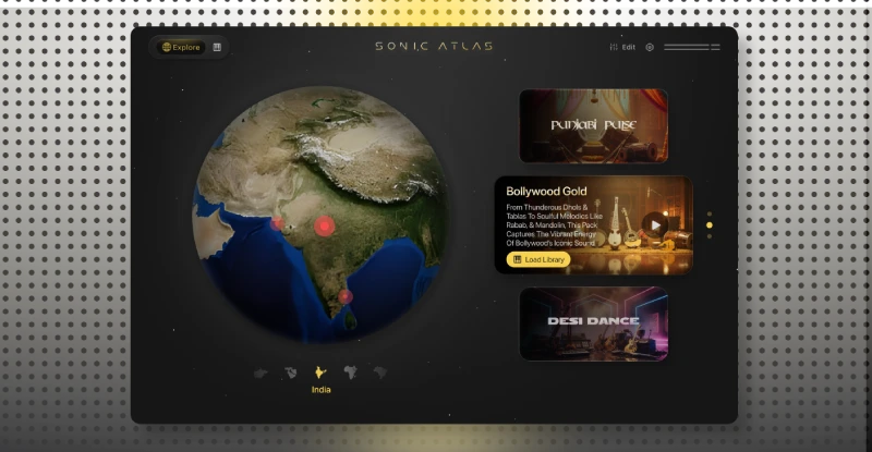 Sonic Atlas plugin globe interface by Pitch Innovations for exploring world music sampler, Indian sample packs, Bollywood samples, and global music loops.