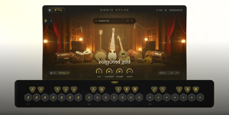 Atlas performance FX panel with reverse, half-time, double-time, and stutter effects for creative ethnic percussion and world music loops.