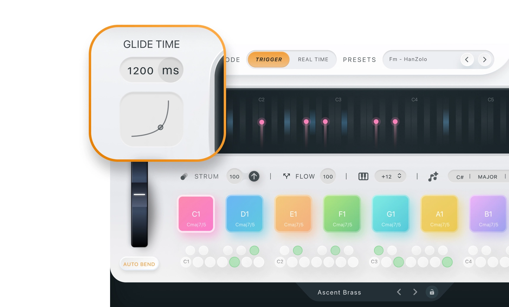 Adjust chord bend duration and feel in Fluid Chords 2 using Glide Time and customizable Glide Curve.