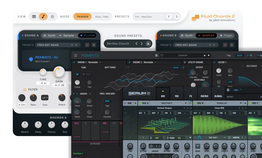 Host MPE-compatible synths in Fluid Chords 2 to unlock expressive chord bends and voice leading.
